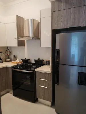 a kitchen with a stove and a black refrigerator at Style and Confort Apart Villa Palmera in Santo Domingo