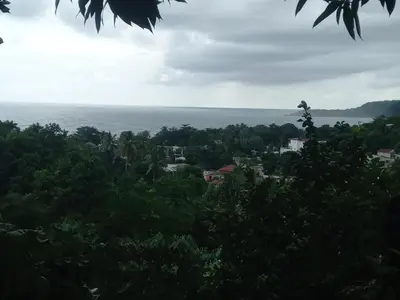 a view of the ocean from the trees at Hotel-Restaurante Snack Cana in La Ciénaga