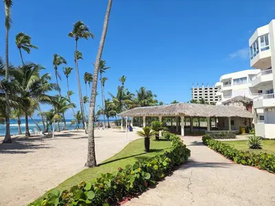 a beach with palm trees and a building at OCEANPARADISE to you ALBATRO l Y ll in Juan Dolio