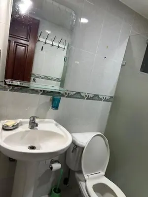 a bathroom with a sink and a toilet and a mirror at Apartamento en Arroyo Hondo viejo in Santo Domingo
