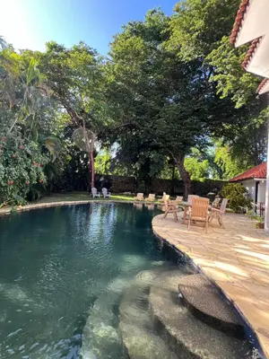 a swimming pool with chairs and trees in a yard at Villa Marina in Sosúa