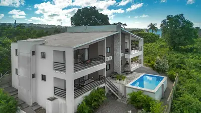 an aerial view of a house with a swimming pool at Casa Vista Mar in Río San Juan