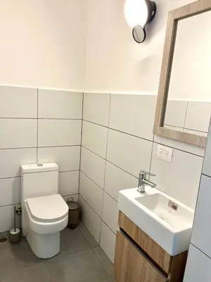a bathroom with a toilet and a sink and a mirror at Brandnew 3 BR villa in Cabarete in Cabarete
