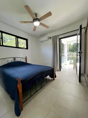 a bedroom with a bed and a ceiling fan at Brandnew 3 BR villa in Cabarete in Cabarete