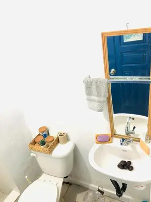 a bathroom with a toilet and a sink and a mirror at La casa del almendro in Concepción de La Vega