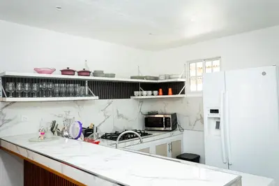 a kitchen with a white refrigerator and a white counter top at Casa Palma El Limon Samana in El Limón