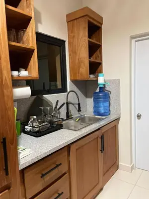 a kitchen with a sink and a bottle of water on the counter at modern y acogedor in San Felipe de Puerto Plata