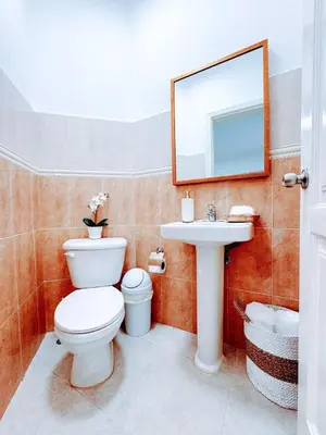 a bathroom with a toilet and a sink and a mirror at Backyard, Pool View, Walk to Beach, Dining, Shops in Punta Cana