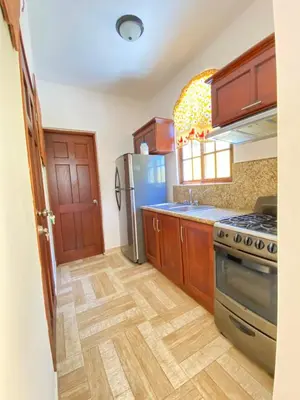 a kitchen with wooden cabinets and a stainless steel refrigerator at Beautiful Villa with Mountain view in San Felipe de Puerto Plata