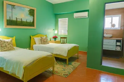 two beds in a room with green walls at Colonial City Stay with Local Soul in Santo Domingo