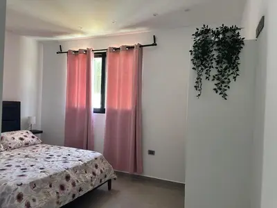 a bedroom with a bed with pink curtains and a plant at Casa Entre Playas - 14 pax, 3 min de la playa en Las Galeras in Las Galeras