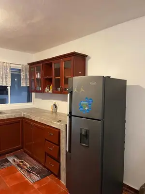 a kitchen with a refrigerator and wooden cabinets at Kasita del sol boca chica in La Caleta