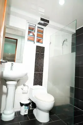 a bathroom with a toilet and a sink and a shower at Oasis Colonial in Santo Domingo