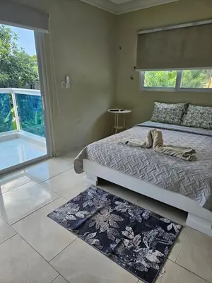 a bedroom with a bed and a large window at Full Department 2 hab in Las Terrenas