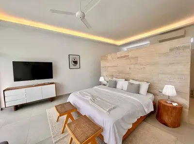 a bedroom with a large bed and a flat screen tv at 5 Bedroom Villa With Daily Housekeeping in Las Terrenas