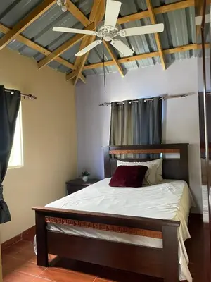 a bedroom with a bed with a ceiling fan at Casa lopez in Jarabacoa