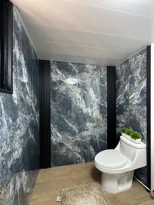 a bathroom with a toilet and a marble wall at Villa Canaan in Pedro Brand