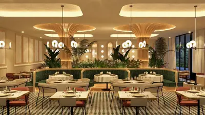 a rendering of a restaurant with tables and chairs at Fiesta Americana Funeeq Punta Cana All Inclusive in Punta Cana