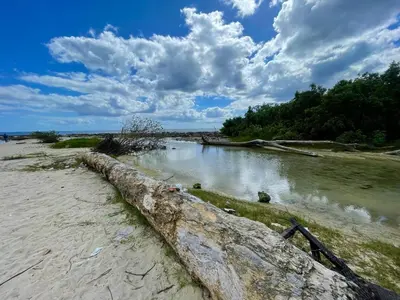 a body of water with a fence next to it at Spacious apartment beach access in Juan Dolio