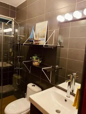 a bathroom with a sink and a toilet and a mirror at Acogedor Penthouse de 2 habitación in Santiago de los Caballeros