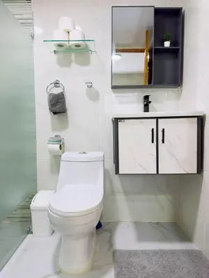 a white bathroom with a toilet and a mirror at Excelente Apartamento Completo Renta Carro Disponible in La Viva