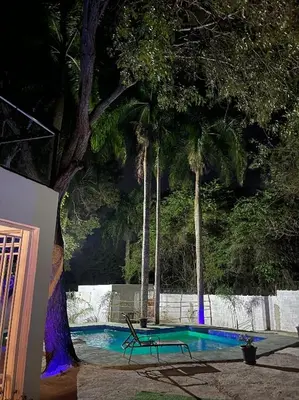 a swimming pool with a bench and palm trees at Villa Tulum in San Cristóbal