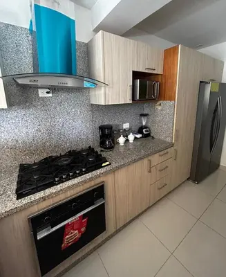a kitchen with a stove and a refrigerator at Tu guarida in Santo Domingo