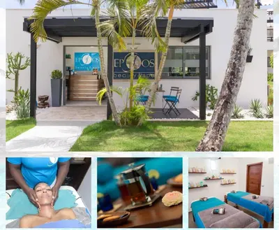 a collage of photos of a house with a man in a pool at Aligio - A Quiet Retreat in Paradise - 2 BR, 2 pools, WiFi, AC, Private Hot Tub in Las Terrenas