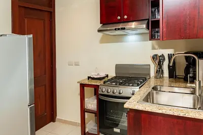 a kitchen with a stove and a sink at Reina del Mar 5 in Cafemba