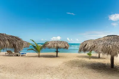 a beach with some straw umbrellas and the ocean at Reina del Mar 5 in Cafemba