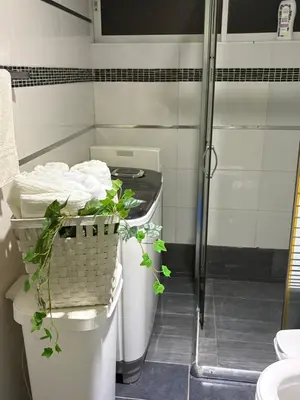 a bathroom with a washing machine and a basket of towels at Albatros Cozy Apt in Juan Dolio