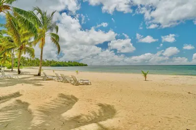 a beach with chairs and palm trees and the ocean at Oceanfront Apt W- Private Beach - Las Terrenas in El Limón