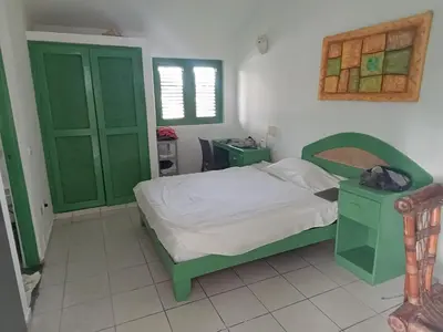 a bedroom with a bed and two green cabinets at Cozy studio- centre - near beach in Las Terrenas