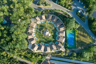 an aerial view of a park with a pool at Viva V Samana by Wyndham, A Trademark Adults All Inclusive in Las Terrenas