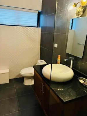 a bathroom with a sink and a toilet and a mirror at El Rincon Soleado in San Felipe de Puerto Plata