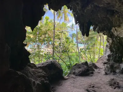 a view from inside a cave with trees in the background at Gecko Azul, Las Galeras in Las Galeras