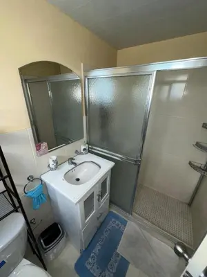 a small bathroom with a sink and a shower at La Romana Caleta Apartment in La Romana
