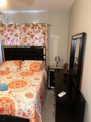 a bedroom with a bed with a dresser and a mirror at La Romana Caleta Apartment in La Romana