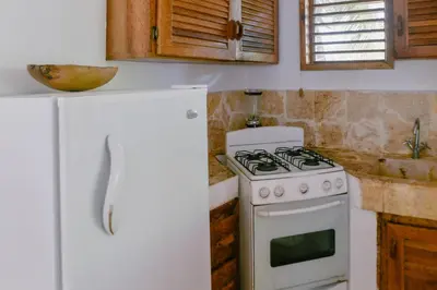 a kitchen with a white stove and a white refrigerator at Paradiso del Caribe Apartments A1 and A2, Your Perfect Stay in Las Galeras in Las Galeras