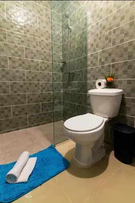 a bathroom with a toilet and a glass shower at Elida Oceanfront Rentals in Sampiño