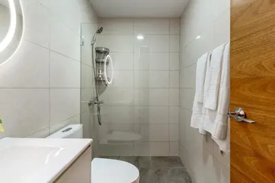 a white bathroom with a shower and a toilet at Luxury apt city views in the center of the city in Santo Domingo