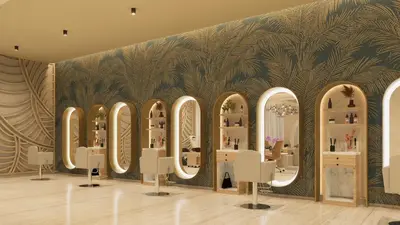 a dressing room with mirrors and a wall with wallpaper at Moon Palace The Grand Punta Cana in Punta Cana