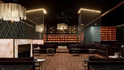 a bar with couches and a room filled with wine bottles at Moon Palace The Grand Punta Cana in Punta Cana