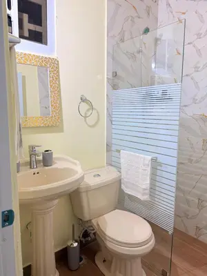 a bathroom with a toilet and a sink and a shower at Mi casa Amalia in Santa Cruz de Barahona