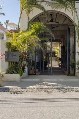 an entrance to a building with palm trees and plants at El Mambo Boutique Hotel in Las Terrenas