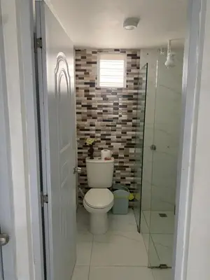 a bathroom with a toilet and a glass shower at Apartamento 2 Habitaciones BO in Santiago de los Caballeros
