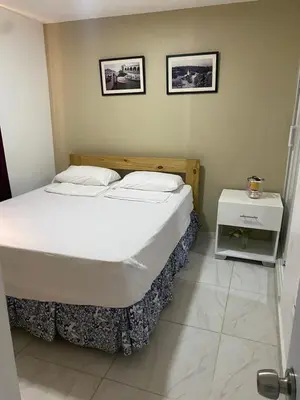 a bedroom with a large bed with two pictures on the wall at Apartamento 2 Habitaciones BO in Santiago de los Caballeros