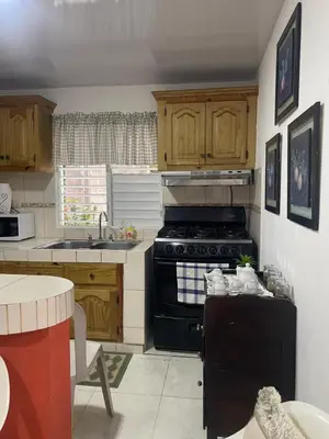 a kitchen with wooden cabinets and a black stove top oven at Nancy house in Monción