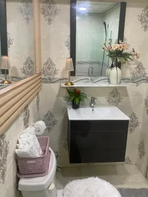 a bathroom with a sink and a toilet and a mirror at Jacqueline in Santo Domingo