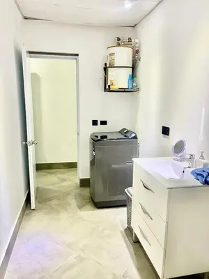 a laundry room with a sink and a washing machine at Appartement cosy avec terrasse in Santa Bárbara de Samaná